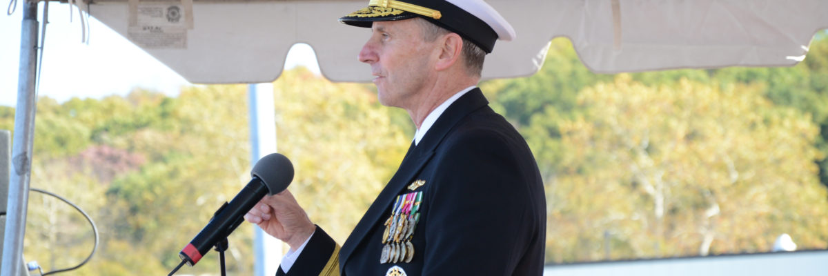 Chief of Naval Operations (CNO) Adm. Jonathan Greenert addresses the crew during the commissioning ceremony of the Virginia-class attack submarine USS North Dakota (SSN 784) at Submarine Base New London. North Dakota is the 11th Virginia-class attack submarine to join the fleet and the first of eight Block III Virginia-class submarines to be built. The Block III submarines are being built with new Virginia Payload Tubes designed to lower costs and increase missile-firing payload possibilities. (U.S. Navy photo by Mass Communication Specialist 1st Class William Larned/Released)