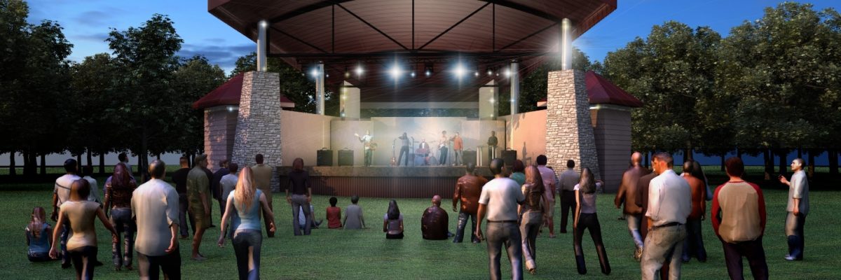 Oak Park Amphitheater rendering. One change, the radiused roof pitch was too expensive. The approved project will have a flat roof pitch.