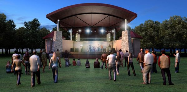Oak Park Amphitheater rendering. One change, the radiused roof pitch was too expensive. The approved project will have a flat roof pitch.