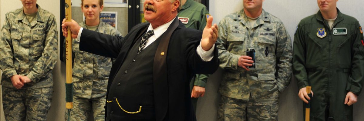 President Teddy Roosevelt, portrayed by Joe Wiegand, learns about the 91st Missile Wing mission at the Uniform-01 Training Facility on Minot Air Force Base, N.D., May 7, 2015. Wiegand visited Minot AFB to perform at the Military Affairs Committee luncheon and the Elementary schools. (U.S. Air Force photo/Senior Airman Kristoffer Kaubisch)