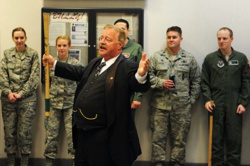 President Teddy Roosevelt, portrayed by Joe Wiegand, learns about the 91st Missile Wing mission at the Uniform-01 Training Facility on Minot Air Force Base, N.D., May 7, 2015. Wiegand visited Minot AFB to perform at the Military Affairs Committee luncheon and the Elementary schools. (U.S. Air Force photo/Senior Airman Kristoffer Kaubisch)