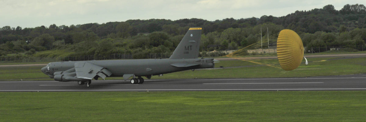 A B-52 Stratofortress assigned to the 5th Bomb Wing, Minot Air Force Base, North Dakota, arrives at Royal Air Force (RAF) Fairford, United Kingdom, June 5, 2015. During the short-term deployment, three Minot-based B-52 bombers, supported by more than 330 Air Force Global Strike Command Airmen, are scheduled to conduct training flights with ground and naval forces around the region and participate in multinational Exercises BALTOPS 15 and SABER STRIKE 15 over international waters in the Baltic Sea and the territory of the Baltic states and Poland. (U.S. Air Force photo by Senior Airman Malia Jenkins/Released)