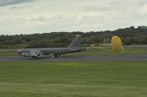 A B-52 Stratofortress assigned to the 5th Bomb Wing, Minot Air Force Base, North Dakota, arrives at Royal Air Force (RAF) Fairford, United Kingdom, June 5, 2015. During the short-term deployment, three Minot-based B-52 bombers, supported by more than 330 Air Force Global Strike Command Airmen, are scheduled to conduct training flights with ground and naval forces around the region and participate in multinational Exercises BALTOPS 15 and SABER STRIKE 15 over international waters in the Baltic Sea and the territory of the Baltic states and Poland. (U.S. Air Force photo by Senior Airman Malia Jenkins/Released)