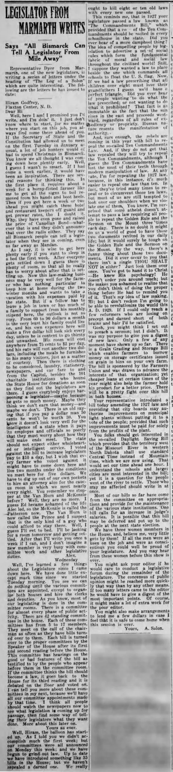 Letters from the Legislature