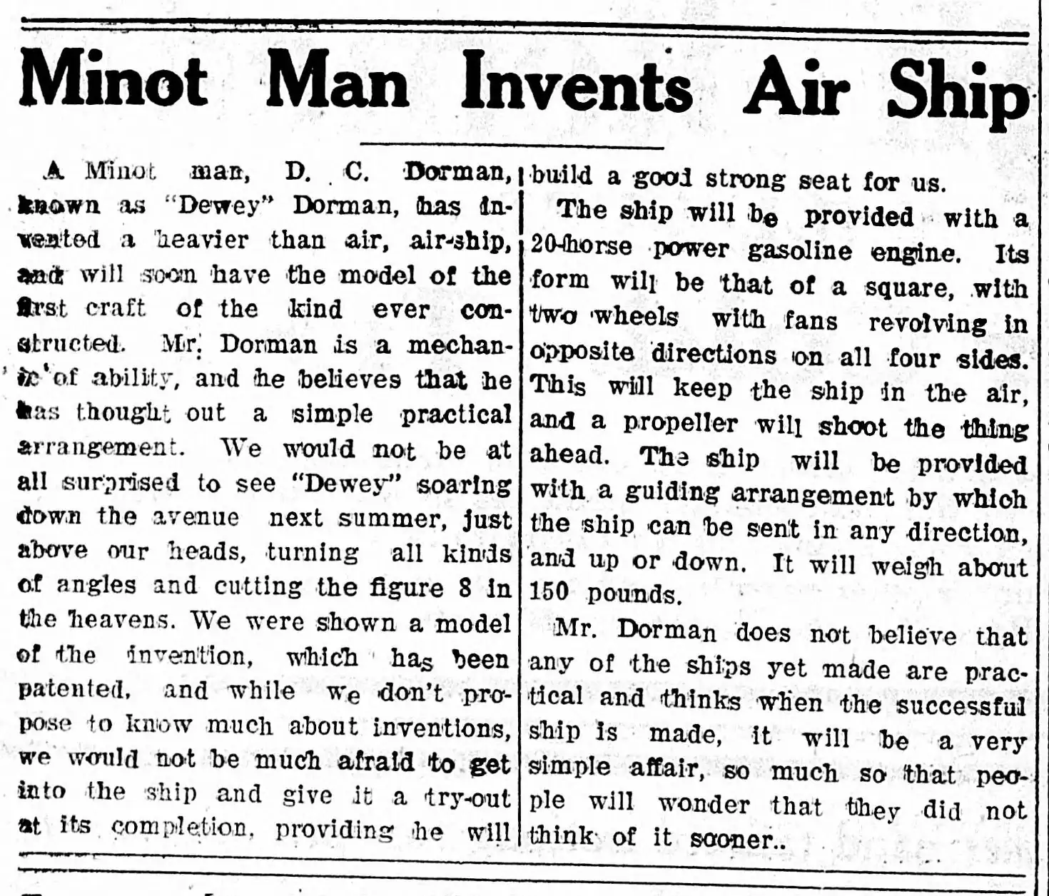 Minot Man Invents Air Ship