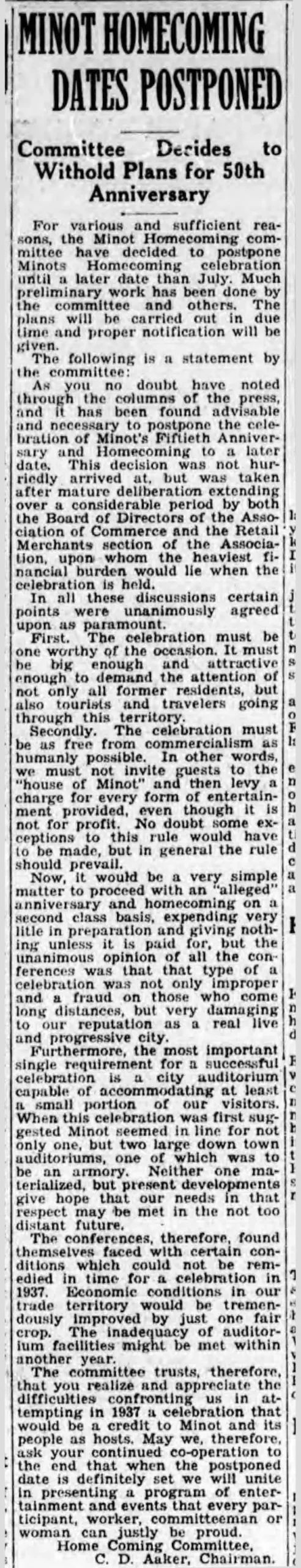 Minot's 50th Anniversary Postponed