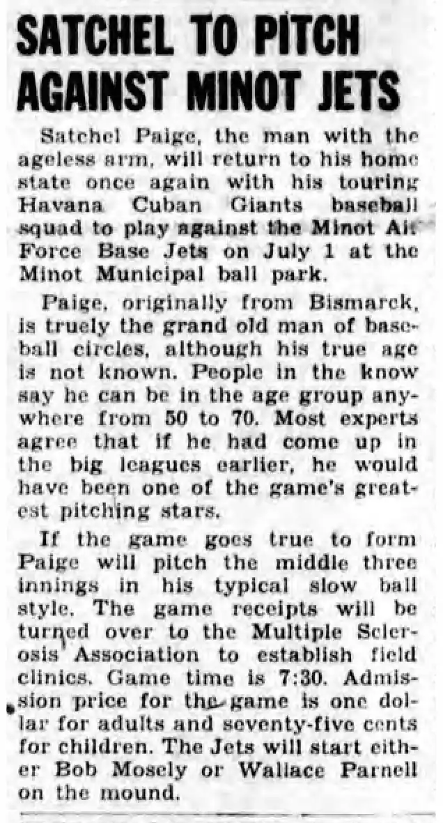 Satchel Paige to Pitch Against Minot Jets