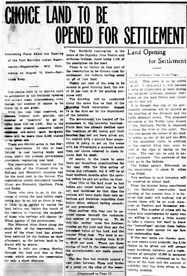 Fort Berthold Land Opened for Settlement
