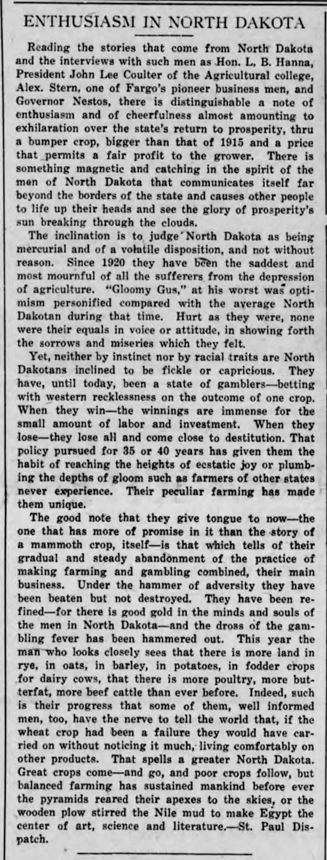 Enthusiasm for North Dakota
